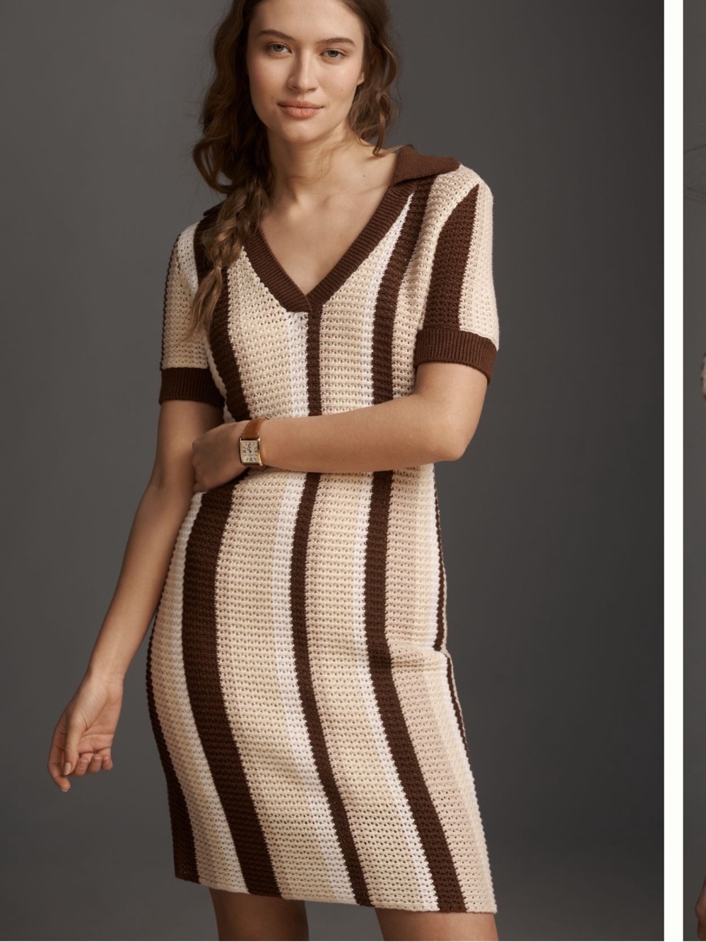 Striped Knit V-Neck Polo Dress in Brown and Cream